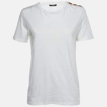 Pre Owned Balmain White Logo Print Cotton Button Detail T-Shirt M 