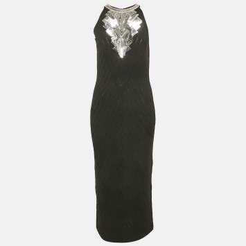 Pre Owned Balmain Black Sequin Embellished Knit Midi Dress L