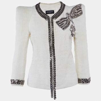 Pre Owned Balmain Ivory Tweed Chain & Bow Embellished Jacket L