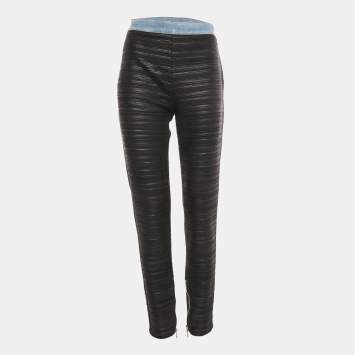 Pre Owned Balmain Black Denim Waist Trim Stretch Crepe Pleated Pants L