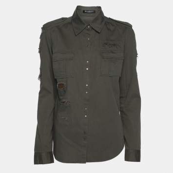 Pre Owned Balmain Dark Green Cotton Distressed Embellished Button Front Military Shirt M