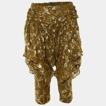 Pre Owned Balmain Olive Green Textured Lurex Chiffon Harem Pants M