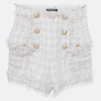 Pre Owned Balmain Cream Tweed Raw Edge Detail Shorts S