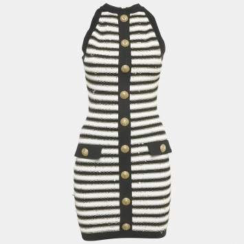 Pre Owned Balmain Black/ White Striped Rib Knit Mini Bodycon Dress S