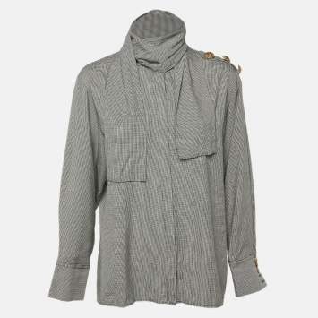 Pre Owned Balmain Monochrome Houndstooth Pattern Crepe Tie Neck Shirt L