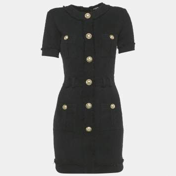 Pre Owned Balmain Black Tweed Button Detail Mini Dress S
