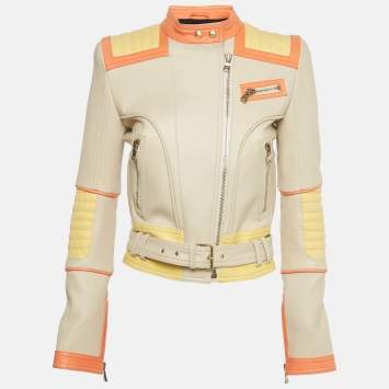 Pre Owned Balmain Beige Leather Zip Up Biker Jacket S 