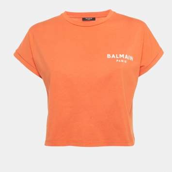 Pre Owned Balmain Orange Logo Printed Cotton Knit Crop Top XS