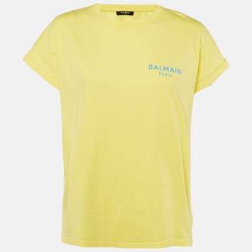 Pre Owned Balmain Yellow Logo Printed Cotton Knit T-Shirt M