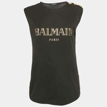 Pre Owned Balmain Black Logo Print Jersey Sleeveless Top M