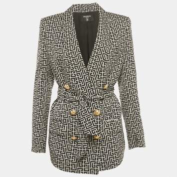 Pre Owned Balmain Black/White Monogram Cupro Double Breasted Blazer S