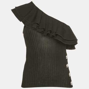 Pre Owned Balmain Black Rib Knit Ruffled One Shoulder Top S
