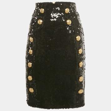 Pre Owned Balmain Black Sequin Button Detail Mini Skirt M
