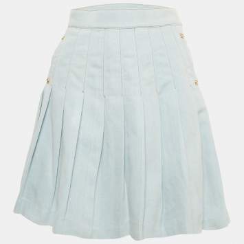 Pre Owned تنورة قصيرة بأزرار بالمان جينز أزرق بثنيات مقاس صغير (سمول)