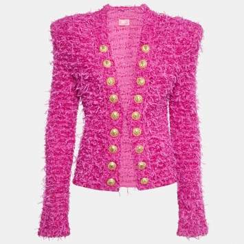 Pre Owned Balmain Paris Pink Textured Tweed Open Front Jacket M