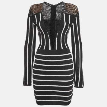 Pre Owned Balmain Black Striped Knit and Mesh Mini Bodycon Dress S