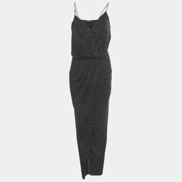 Pre Owned Balmain Black Studded Jersey Metallic Strap Maxi Dress S