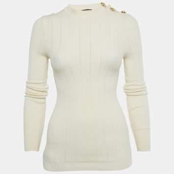 Pre Owned Balmain Cream Rib Knit Mock Neck Pullover S