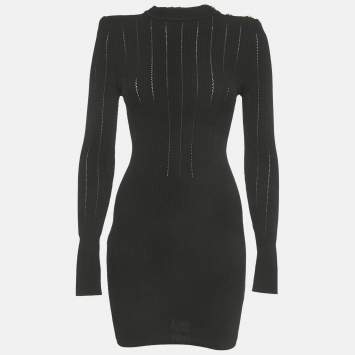 Pre Owned Balmain Black Stretch Knit Zip UP Mini Dress S