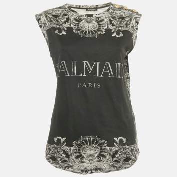 Pre Owned Balmain Black Print Cotton Sleeveless Top M