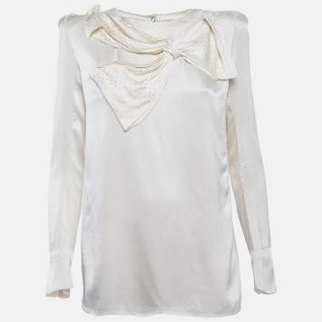 Pre Owned Balmain Beige Satin Bow Detail Raw Edge Blouse M