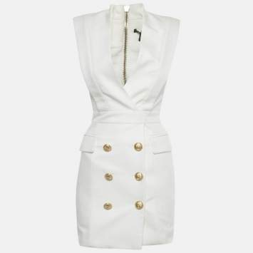 Pre Owned Balmain White Canvas Button Detail Mini Dress S