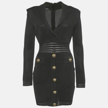 مملوكة مسبقًا فستان ميني بالمان تريكو شبكي أسود بتفاصيل أزرار مقاس متوسط (ميديوم)