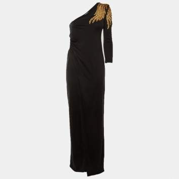 Pre Owned Balmain Black Embellished Detail Jersey One Shoulder Maxi Dress M