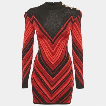 Pre Owned Balmain Red/Black Chevron Lurex Knit Bodycon Dress M