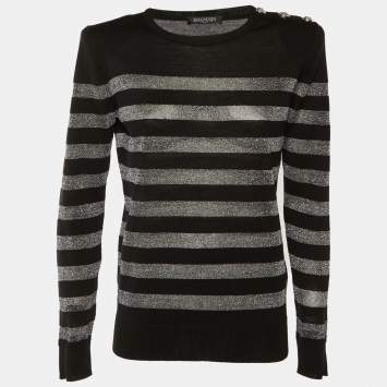 Pre Owned Balmain Black Striped Lurex Wool Structured Shoulder Jumper M
