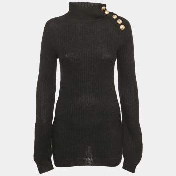 Pre Owned Balmain Black Mohair Rib Knit Button Detail Sweater S