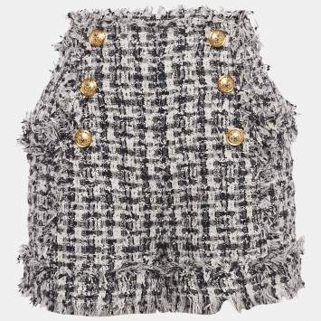 Pre Owned Balmain Blue Tweed High Waisted Shorts M/Waist 28"