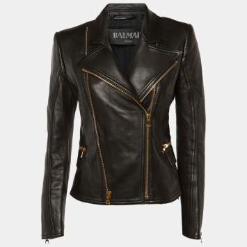 Pre Owned Balmain Black Leather Biker Jacket M