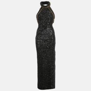 Pre Owned Balmain Black Sequin Chain Detail Halter Neck Maxi Dress M