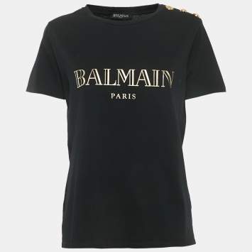 Pre Owned Balmain Black Logo Print Jersey Button Detail T-Shirt M