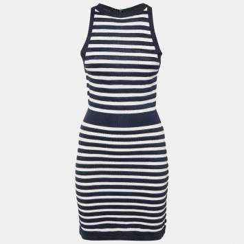 Pre Owned Balmain Navy Blue / White Striped Knit Short Dress M