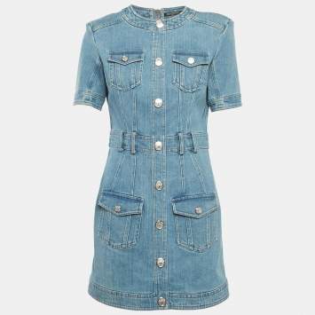 Pre Owned Balmain Blue Denim Slim Fit Mini Dress L