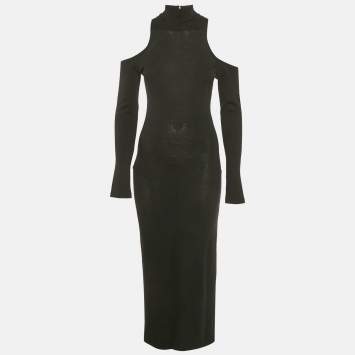 Pre Owned Balmain Black Wool Knit Cold-Shoulder Maxi Dress M