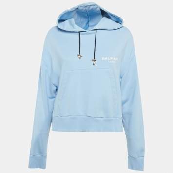Pre Owned Balmain Blue Logo Print Cotton Hooded Sweatshirt L