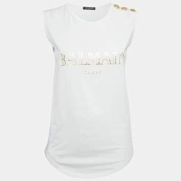 Pre Owned Balmain White Logo Print Jersey Sleeveless T-Shirt S