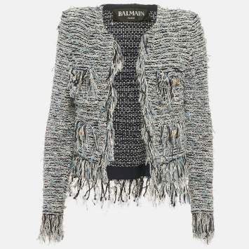 مملوكة مسبقًا Balmain Blue Tweed Fringed Cropped Jacket M