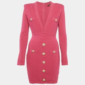 Pre Owned Balmain Pink Jacquard Knit Button Detail Mini Dress M