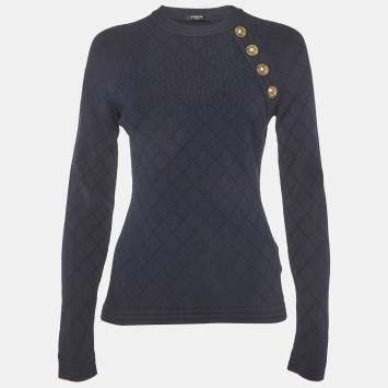 Pre Owned Balmain Navy Blue Stretch Knit Sweatshirt M