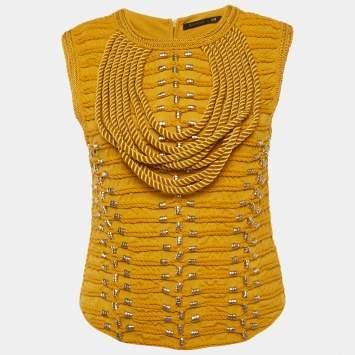 مملوكة مسبقًا Balmain X H&M Yellow Jersey Rope Embroidered Sleeveless Zip Top S