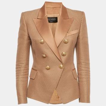 Pre Owned Balmain Beige Textured Cotton & Silk Double Breasted Blazer M