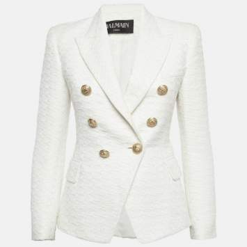 Pre Owned جاكيت بلمّان توبيد أبيض مكسوم بثنائي مع أزرار مقاس صغير