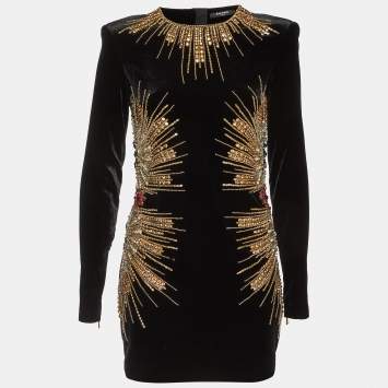 Pre Owned Balmain Black Velvet Embellished Mini Dress M