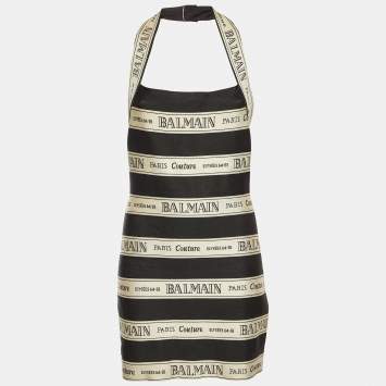 Pre Owned Balmain Black Striped Logo Jacquard Halterneck Mini Dress M