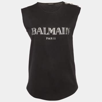 Pre Owned Balmain Black Logo Print Jersey Tank Top M