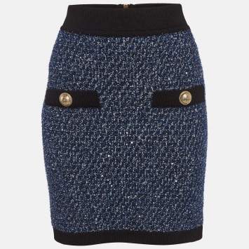 Pre Owned Balmain Blue Lurex Tweed Mini Skirt L